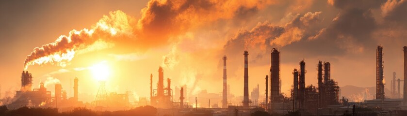 Obraz premium A dramatic industrial skyline at sunset, with smokestacks emitting plumes of smoke against a vibrant sky.