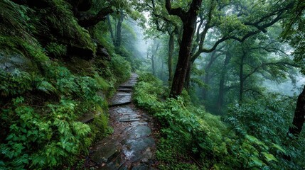 Misty mountain path through lush, verdant forest