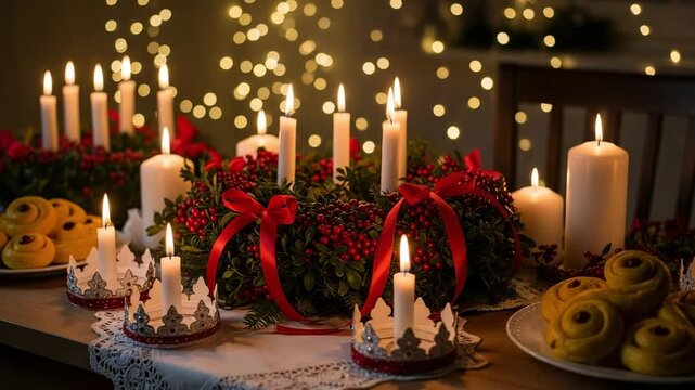Celebrating St. Lucia's Day. A cozy table with lussekatter saffron buns, glowing candles in crown holders, and festive wreaths.
