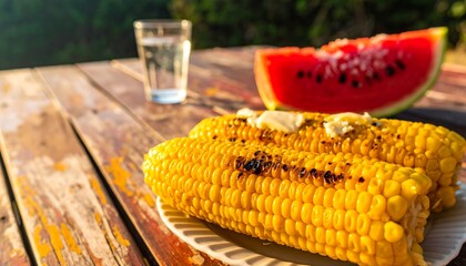 Grilled corn on a rustic wooden table with watermelon and a drink