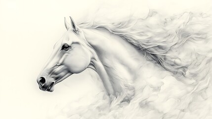 Obraz premium Monochromatic illustration of horse head and neck in sketch/pencil style; light-colored horse in profile facing left, long flowing mane blending into soft ethereal cloud-like smoke wisps (occupying ri