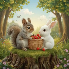A little squirrel and a little white rabbit eating strawberries in the forest