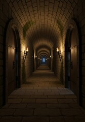 Obraz premium Mysterious Stone Hallway with Wooden Doors and Flickering Torchlight Ambience