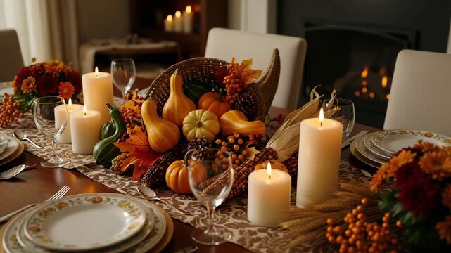 Thanksgiving dinner table setting with a cornucopia centerpiece. Autumn holiday feast with pumpkins, gourds, and candles in a cozy home.