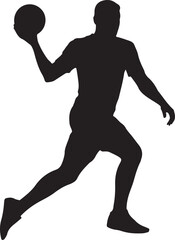 Black Silhouette of Basketball Player Turning with Ball in One Hand, Isolated on White Background