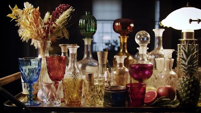 Eclectic Colorful Glassware Collection on a Modern Bar Cart Decor