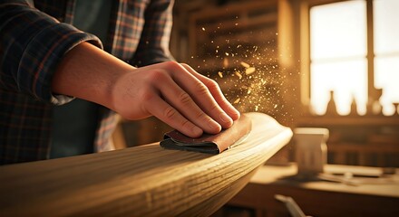Close-up of a carpenter's hands sanding a wooden molding in a workshop.