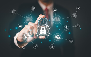 Businessman hand touching digital security lock with connected network icons. Cybersecurity ecosystem concept showing data protection, cloud computing, analytics and IT infrastructure management.