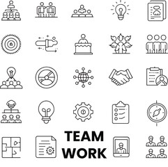 Simple Black Line Icons Depicting Teamwork and Collaboration