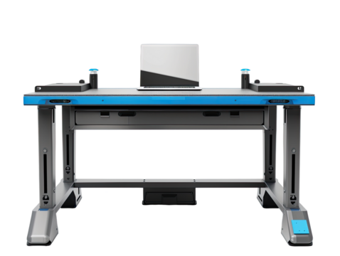 Modern workstation with laptop,  light blue accents