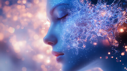 Obraz premium Futuristic Glass and Water Molecular Designs: A Conceptual Exploration of Advanced Skincare and Cosmetic Innovation, Blending Organic Patterns, Bioluminescence, and Minimalist 3D Aesthetics
