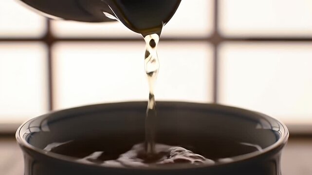 Close Up Pouring Clear Liquid into Dark Blue Tea Cup on Wooden Table with Blurry Window Background Tranquil Warmth and Serenity Refreshment Perfect for Beverage Wellness and Tea Culture Adobes Stock