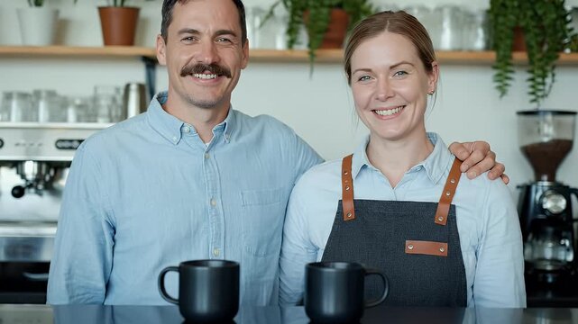 Portrait of a happy couple of successful coffee shop owners smiling at the camera Man and woman baristas proudly standing behind the counter of their modern cafe