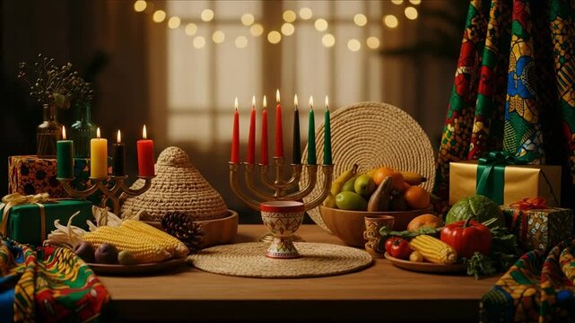 Kwanzaa celebration table with traditional symbols. Festive holiday setup with Kinara, candles, fruits, and gifts for an African American cultural heritage event.