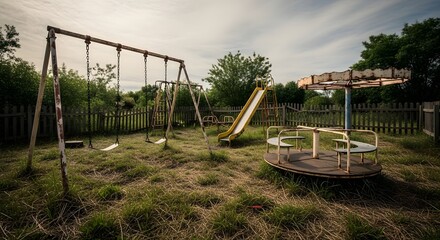 Fototapeta premium Overgrown playground with swings slide and merry go round in a field under a cloudy sky view outdoors