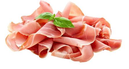 Sliced cured ham with basil garnish