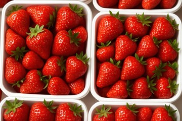 Premium fresh strawberries arranged in elegant white containers showcasing peak ripeness and quality