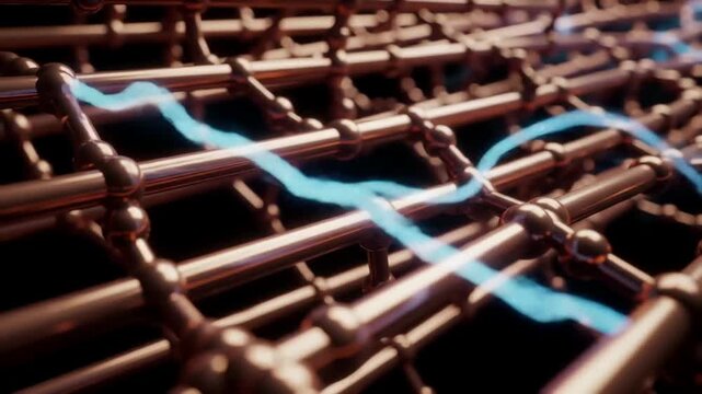 "Cinematic 3D animation of electrons moving through copper wires, glowing blue energy trails, ultra-realistic