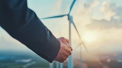 Executive's hand against wind turbines at sunset, representing renewable energy, sustainable business, and environmental progress.