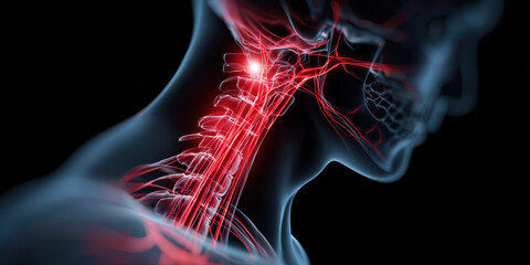 Digital illustration of human neck with highlighted red areas indicating muscle strain and inflammation, focusing on cervical spine and nerves. image conveys pain and discomfort