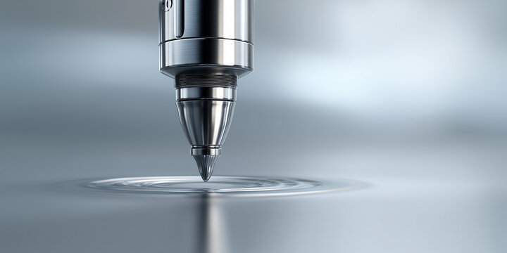 Sleek and futuristic surgical robot tool tip hovers above smooth, reflective surface, creating sense of precision and advanced technology
