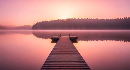 Obraz premium Photo of wooden pier stretching into a tranquil lake at sunrise with pink sky