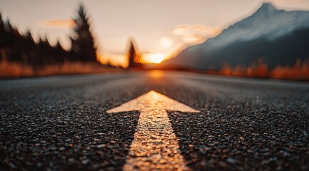 Asphalt road arrow points upward to a warm sunset