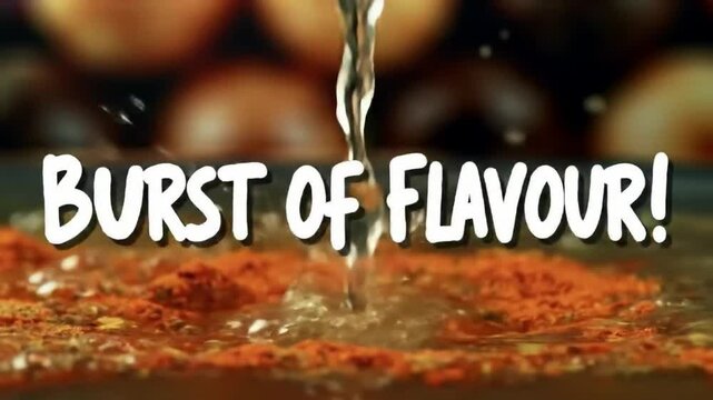 "Pani puri water splashing in slow motion, crystal clear droplets, text overlay: &lsquo;Burst of Flavour!&rsquo;"