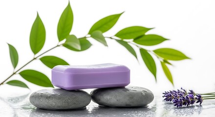 Photo of aromatic lavender soap on pebbles with green leaves isolated on white background