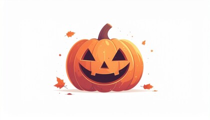 Happy smiling Jack-o'-lantern with autumn leaves, isolated white background