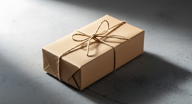 Photo of a brown paper gift box tied with string on a gray surface in soft light