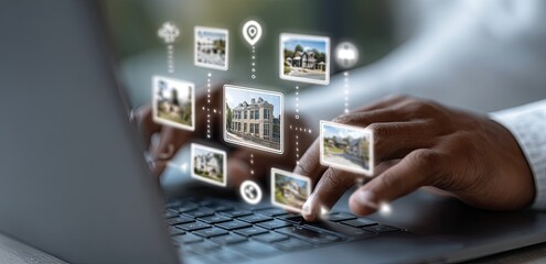 Hands on laptop keyboard, interacting with digital house images