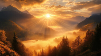 Obraz premium Golden sunrise over a misty mountain valley.