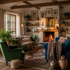 Cozy and Bohemian Living Room with a Warm Fireplace and String Lights