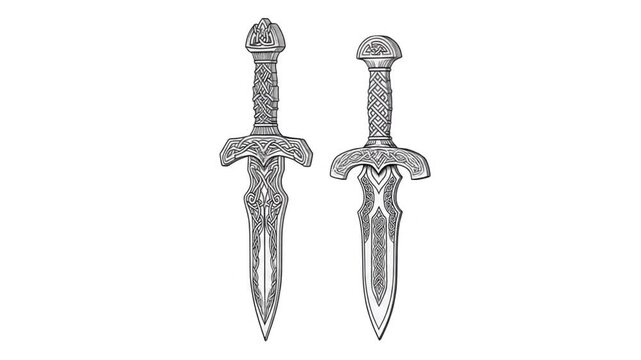 Intricate Celtic Style Sword Illustrations with Detailed Patterns in Black and White