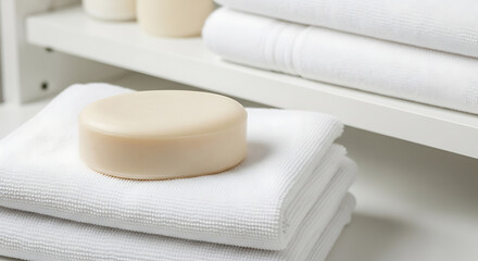 A smooth round beige bar of soap resting on a neatly folded white terry cloth towel.