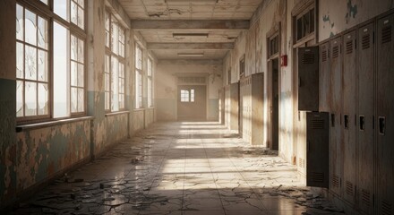 Bandoned school hallway with broken windows and rusted lockers, evoking a sense of decay and forgotten memories, perfect for post-apocalyptic or horror themes