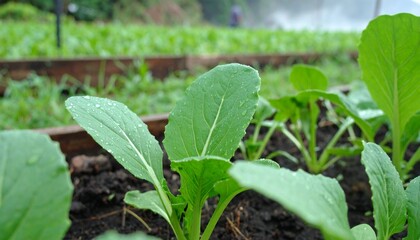 choy sum vegetable close up with freshness in the garden morning