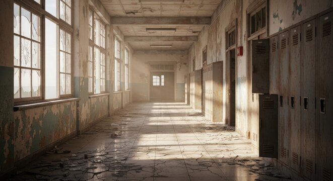 Bandoned school hallway with broken windows and rusted lockers, evoking a sense of decay and forgotten memories, perfect for post-apocalyptic or horror themes - Powered by Adobe