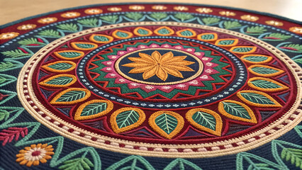 Colorful Circular Textile Pattern with Embroidered Details

