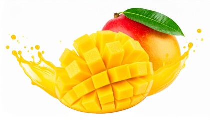 Fototapeta premium Two mangoes, one whole with a leaf, the other sliced and cubed, with a splash of juice.