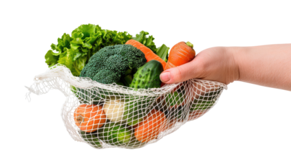 Hand holding a mesh bag filled with fresh vegetables