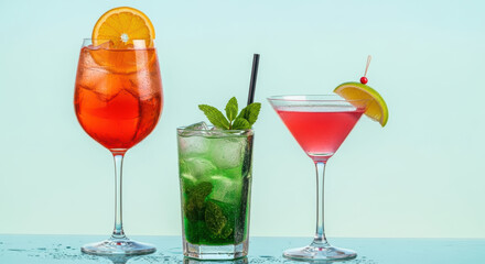 Refreshing colorful summer cocktails in elegant glasses garnished with citrus, mint and cherry, served on bright blue background for party celebration or festive gathering