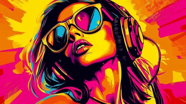 A vibrant DJ pop art collage showcasing bold neon colors.