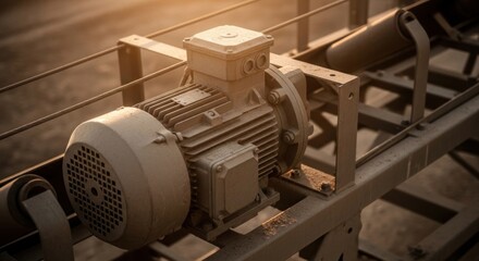 Industrial electric motor on conveyor belt system, showcasing engineering, automation