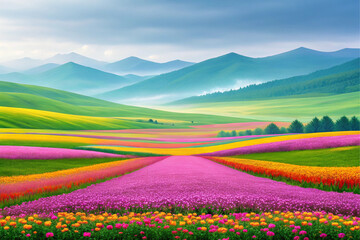 beautiful flower fields with mountains in background