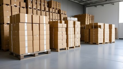 Warehouse storage solutions featuring stacked cardboard boxes ready for shipping and distribution