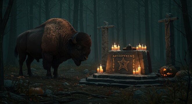 A bison standing near a stone altar with candles and a pentagram in a dark and spooky forest