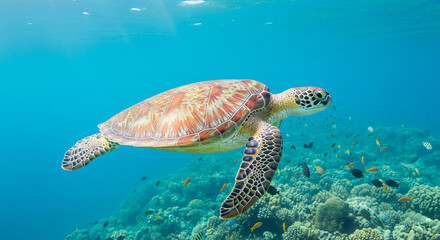 Obraz premium A majestic green sea turtle gracefully swims in clear turquoise water above a vibrant coral reef, embodying the beauty of marine wildlife.