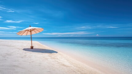 Fototapeta premium A secluded tropical beach with soft sand, clear blue water, and a beach umbrella, isolated on a white background